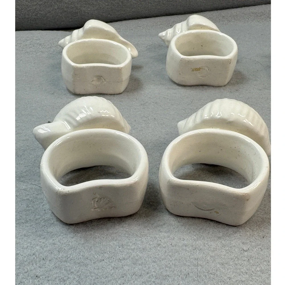 White Ceramic Seashell Napkin Rings Set of 7 Coastal Beach Table Decor